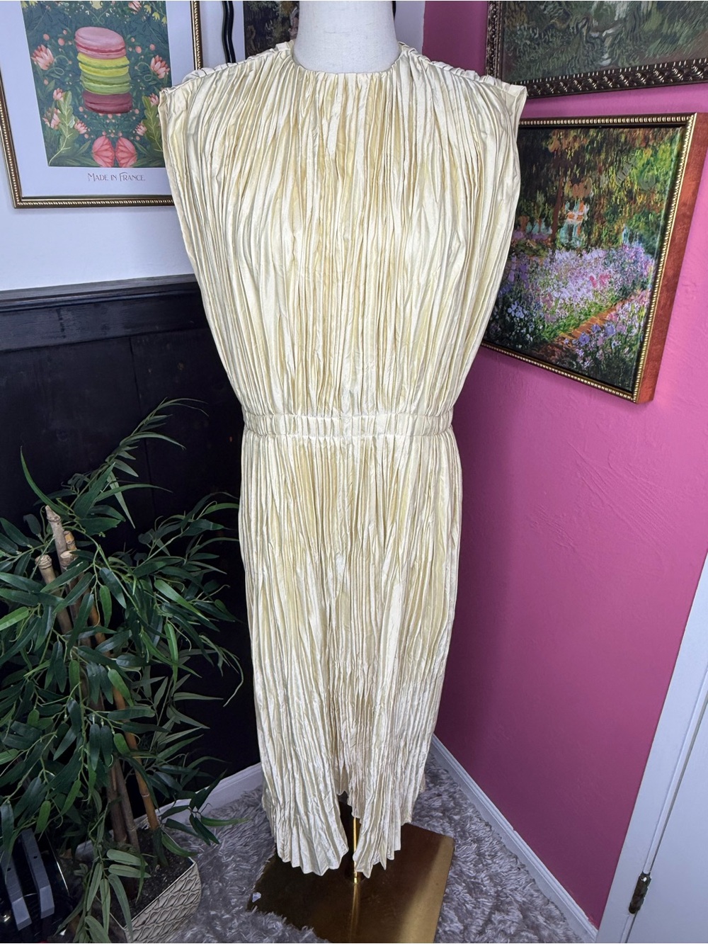 NEW JIL SANDER Cream Plissé Satin Pleated Midi Dress Sz US 4 - Picture 2 of 14